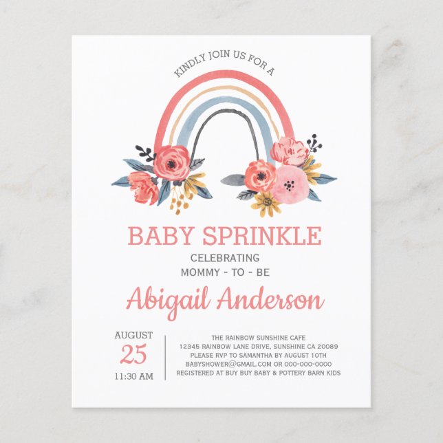 Budget Baby Sprinkle Rainbow Floral Invitation Flyer (Front)
