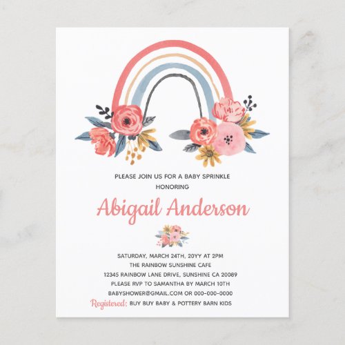 Budget Baby Sprinkle Rainbow Floral Invitation Flyer