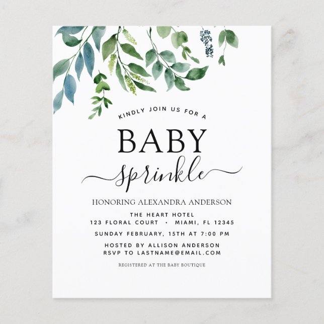 Budget Baby Sprinkle Shower Greenery Botanical Fly Flyer (Front)