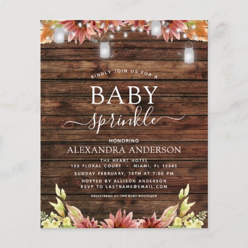 Budget Baby Sprinkle Shower Rustic Wood Sunflowers Flyer