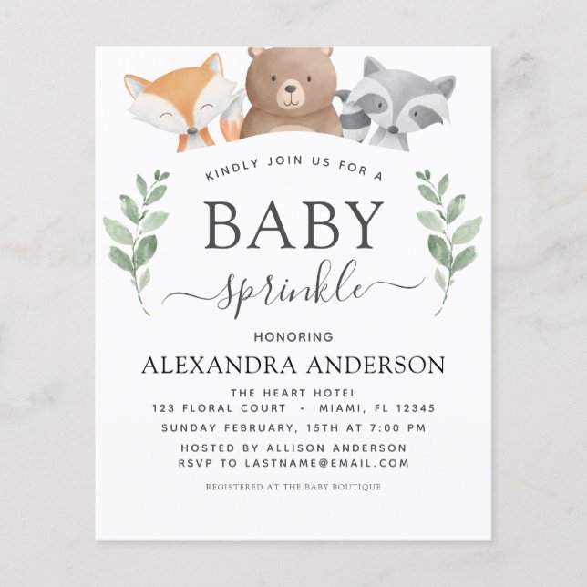 Budget Baby Sprinkle Shower Woodland Eucalyptus Flyer (Front)