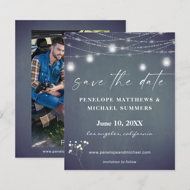 Budget Baby's Breath BG Chalkboard Photo Save Date (Front/Back)