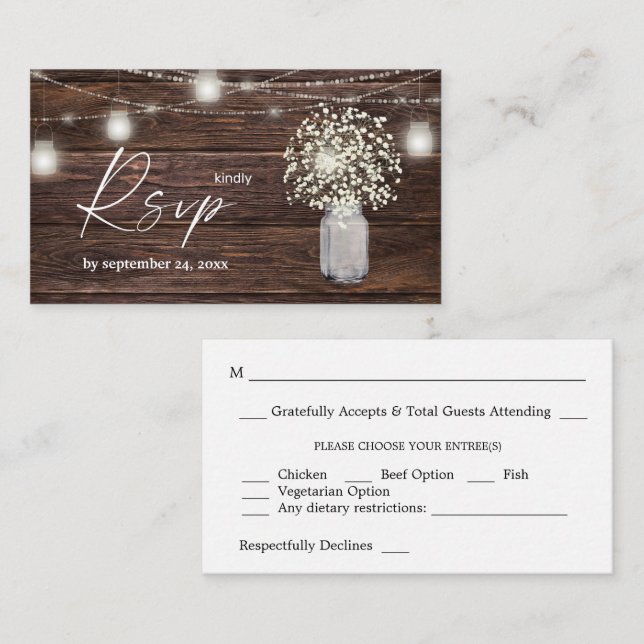 Budget Baby's Breath, Wood, Lights 2SM Meal RSVP Enclosure Card (Front/Back)