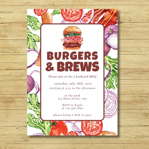 Budget Backyard BBQ Burger and Brews Watercolor Invitation