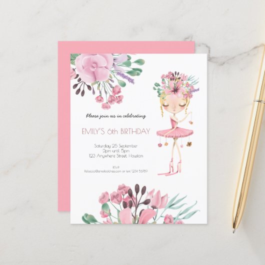Budget Ballerina Girl 6th Birthday Invitation (Front/Back In Situ)