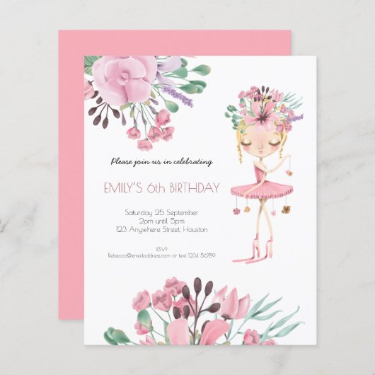 Budget Ballerina Girl 6th Birthday Invitation (Front/Back)