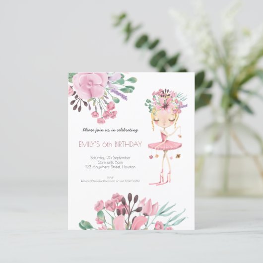 Budget Ballerina Girl 6th Birthday Invitation (Standing Front)