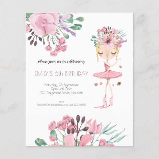 Budget Ballerina Girl 6th Birthday Invitation (Front)