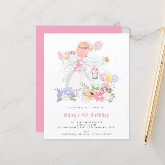 Budget Ballerina Pink Girl 4th Birthday Invitation (Front/Back In Situ)