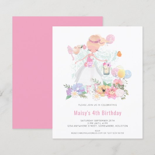Budget Ballerina Pink Girl 4th Birthday Invitation (Front/Back)