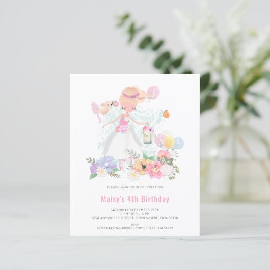 Budget Ballerina Pink Girl 4th Birthday Invitation (Standing Front)