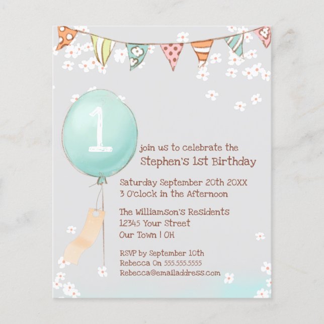 Budget Balloon Babies  1st Birthday  Invitation (Front)