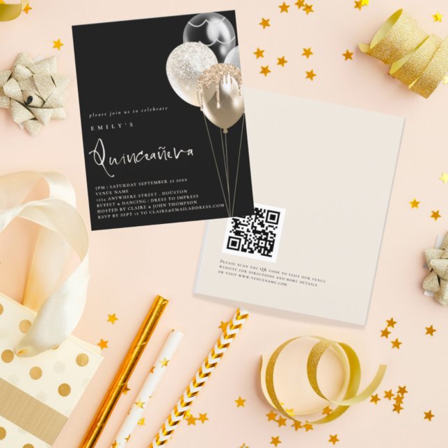 Budget Balloons Gold QR Quinceañera Black Invite (Creator Uploaded)
