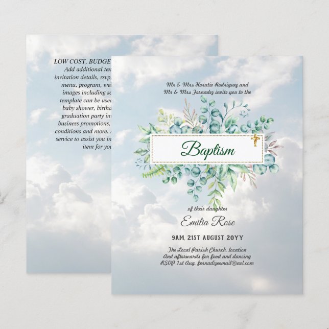 BUDGET Baptism Bautizo Bautismo GREENERY Invites (Front/Back)