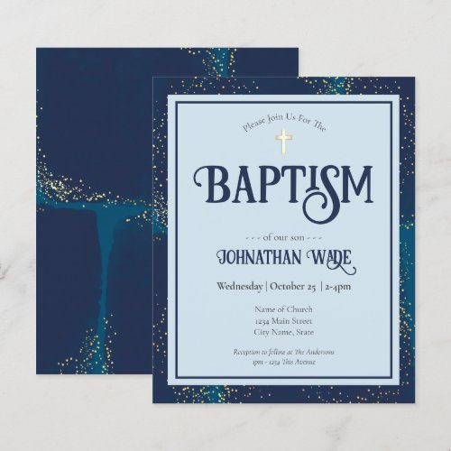 Budget Baptism Blue and Gold Cross Invitations