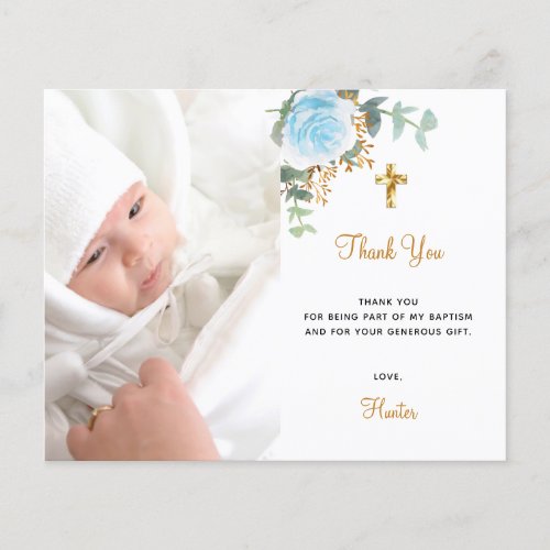 Budget baptism blue floral photo boy thank you