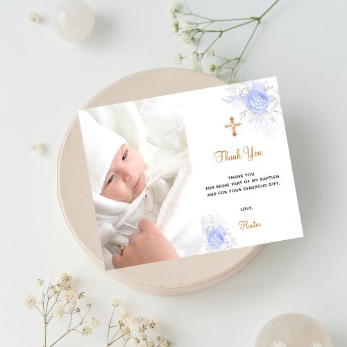 Budget baptism blue florals photo boy thank you