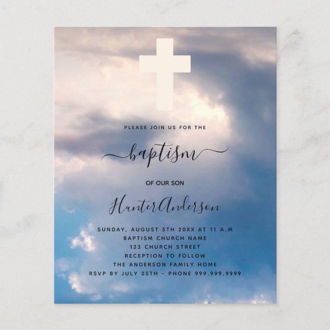 Budget baptism blue sky boy cross invitation (Front)