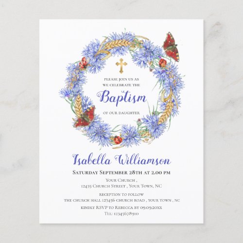 Budget Baptism Blue Wildflower  Butterfly Invite 