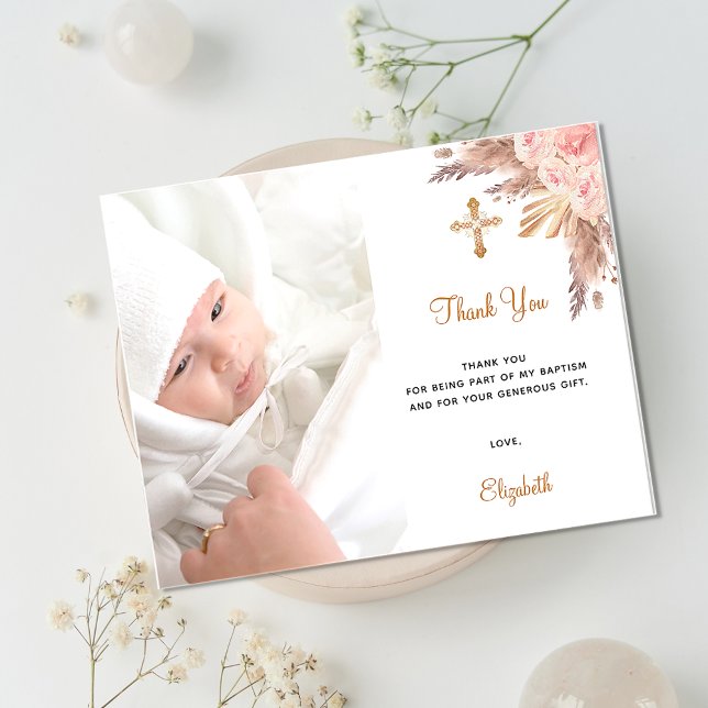 Budget baptism blush pampas floral photo thank you (Creator Uploaded)