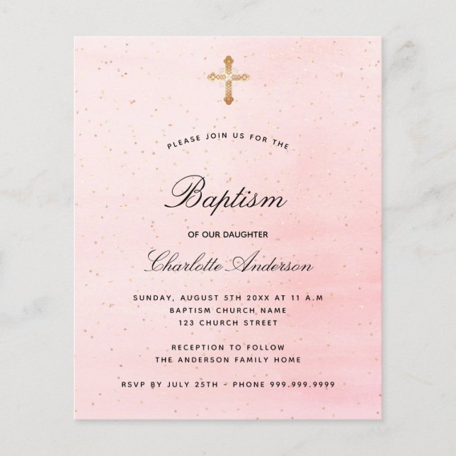 Budget baptism blush pink gold girl invitation (Front)