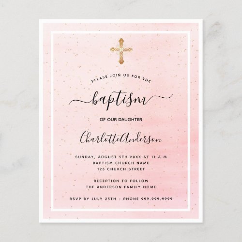 Budget baptism blush pink gold girl invitation