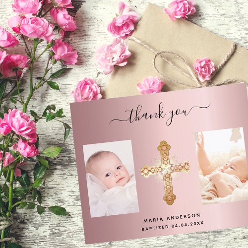 Budget baptism blush pink photo thank you card