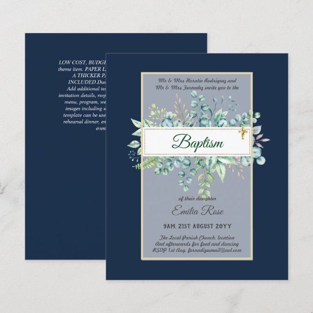 Budget BAPTISM Christening Greenery Leaves Invites (Front/Back)