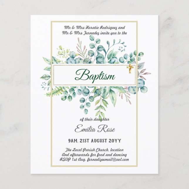 Budget BAPTISM Christening Greenery Leaves Invites Flyer (Front)