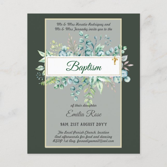 Budget BAPTISM Christening Greenery Leaves Invites Flyer (Front)