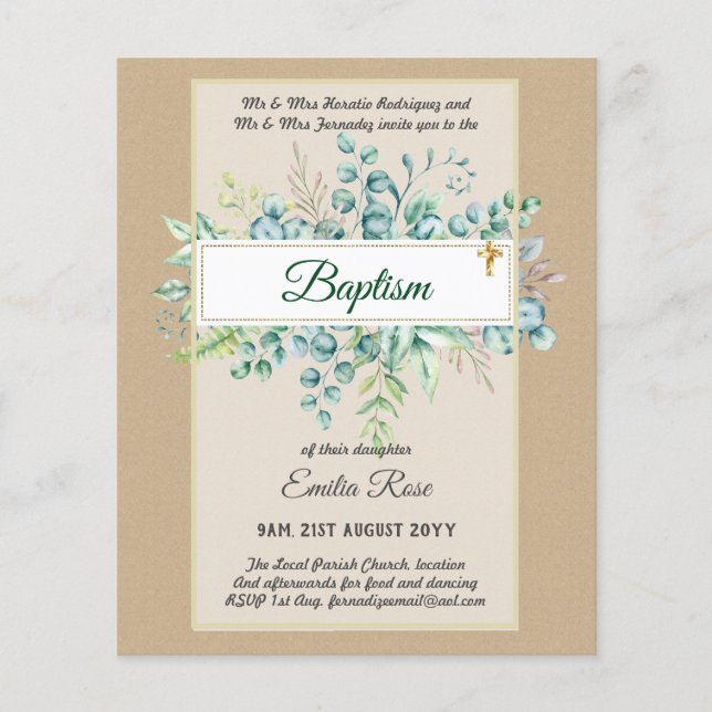 Budget BAPTISM Christening Greenery Leaves Invites Flyer (Front)