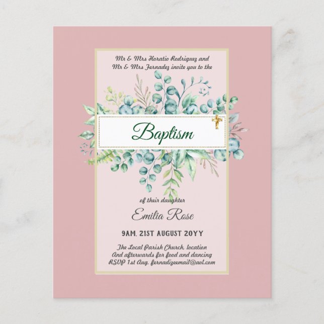 Budget BAPTISM Christening Greenery Leaves Invites Flyer (Front)
