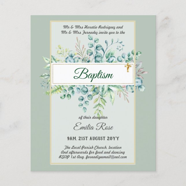 Budget BAPTISM Christening Greenery Leaves Invites Flyer (Front)
