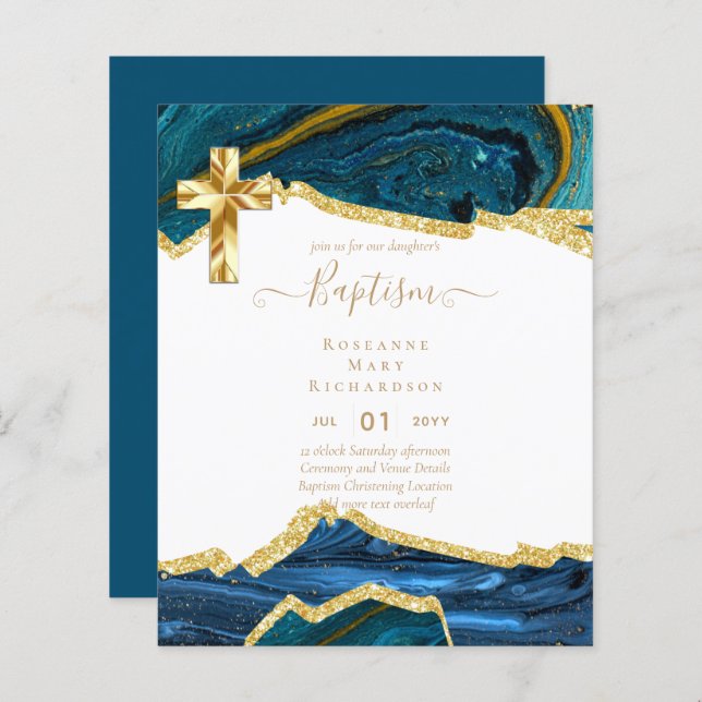 BUDGET BAPTISM CHRISTENING Invitation AGATE GOLD (Front/Back)
