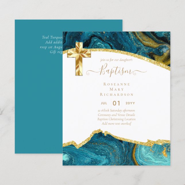BUDGET BAPTISM CHRISTENING Invitation AGATE GOLD (Front/Back)