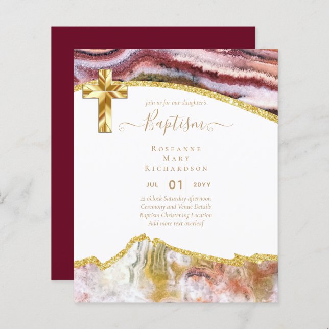 BUDGET BAPTISM CHRISTENING Invitation AGATE GOLD (Front/Back)