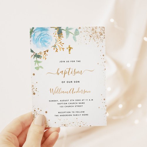 Budget baptism eucalyptus blue gold floral boy