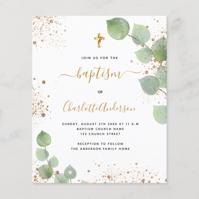 Budget baptism eucalyptus glitter adult invitation (Front)