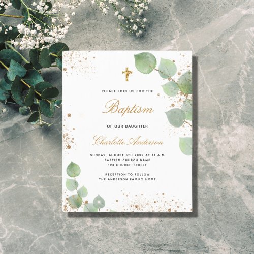 Budget baptism eucalyptus gold blush invitation