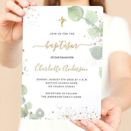 Budget baptism eucalyptus gold glitter invitation
