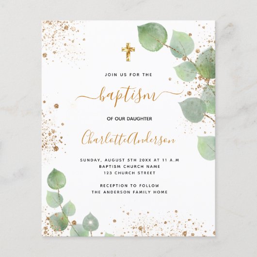 Budget baptism eucalyptus gold glitter invitation (Front)