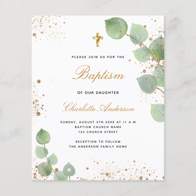Budget baptism eucalyptus gold script invitation (Front)