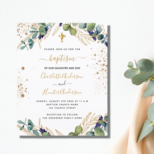 Budget baptism eucalyptus gold twins invitation (Creator Uploaded)