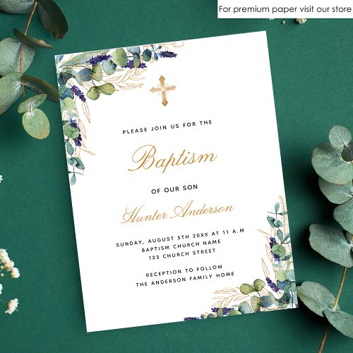 Budget Baptism eucalyptus greenery blue invitation