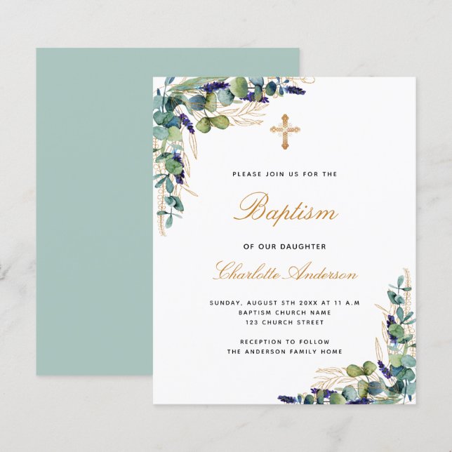 Budget Baptism eucalyptus greenery gold invitation (Front/Back)
