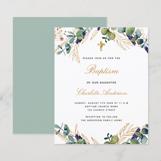 Budget baptism eucalyptus greenery gold invitation (Front/Back)