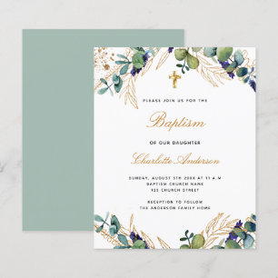 Budget baptism eucalyptus greenery gold invitation