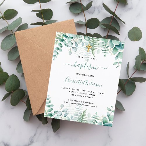 Budget baptism eucalyptus greenery invitation