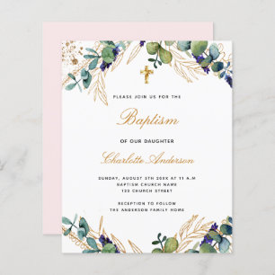 Budget baptism eucalyptus greenery pink invitation