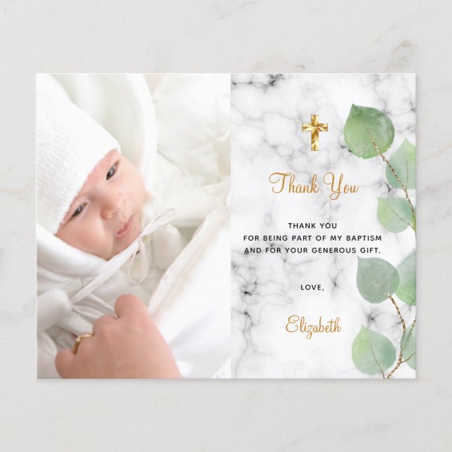 Budget baptism eucalyptus marble photo thank you (Front)